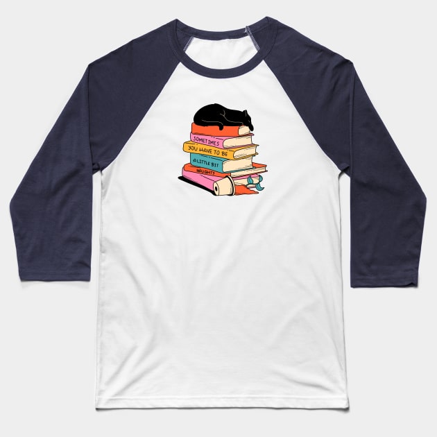 Books and Plant Black Cat in pink Baseball T-Shirt by The Charcoal Cat Co.